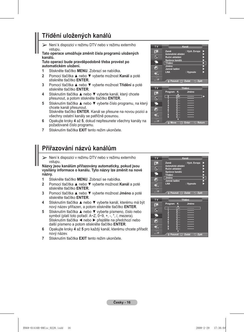 Třídění uložených kanálů, Přiřazování názvů kanálům | Samsung WMN5090A User Manual | Page 225 / 418