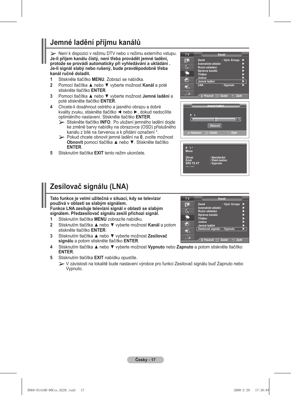 Jemné ladění příjmu kanálů, Zesilovač signálu (lna) | Samsung WMN5090A User Manual | Page 226 / 418