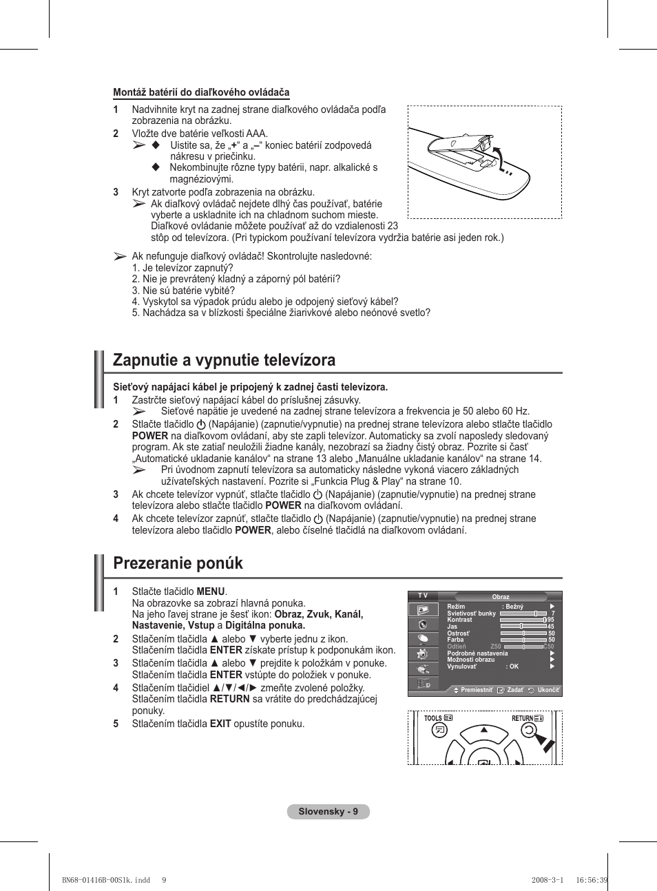 Zapnutie a vypnutie televízora, Prezeranie ponúk | Samsung WMN5090A User Manual | Page 270 / 418