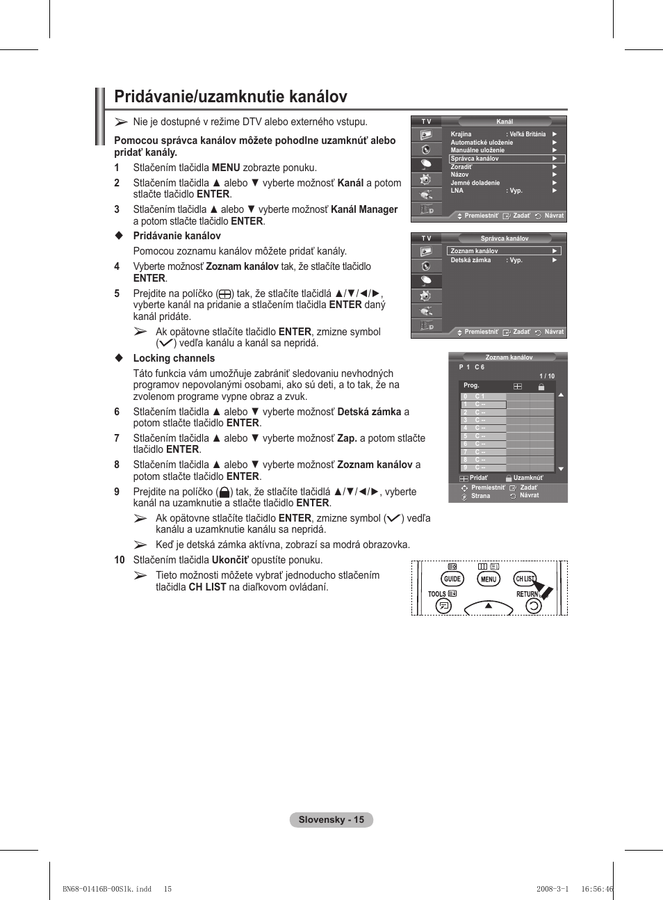 Pridávanie/uzamknutie kanálov | Samsung WMN5090A User Manual | Page 276 / 418