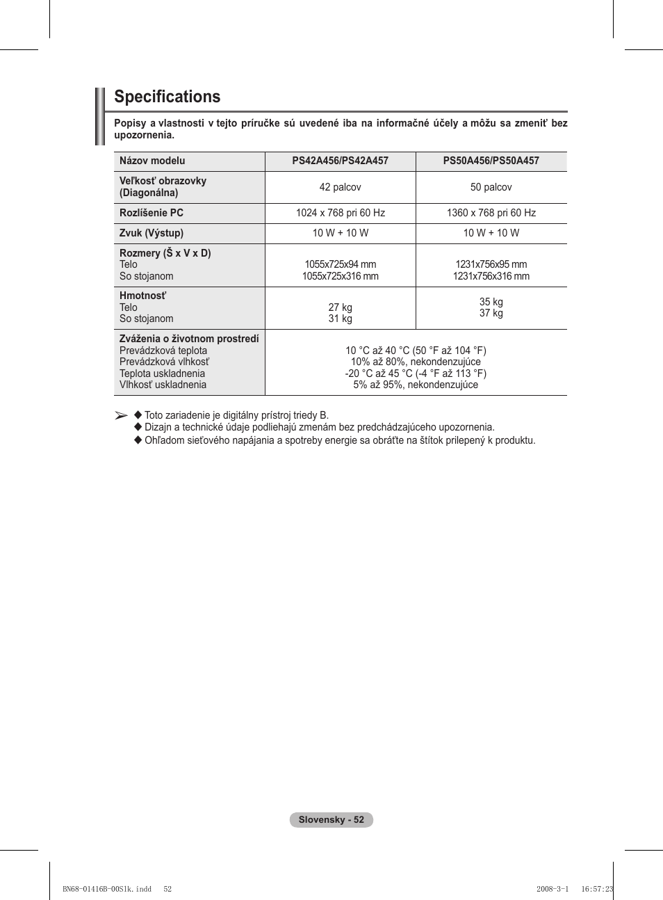 Specifications | Samsung WMN5090A User Manual | Page 313 / 418