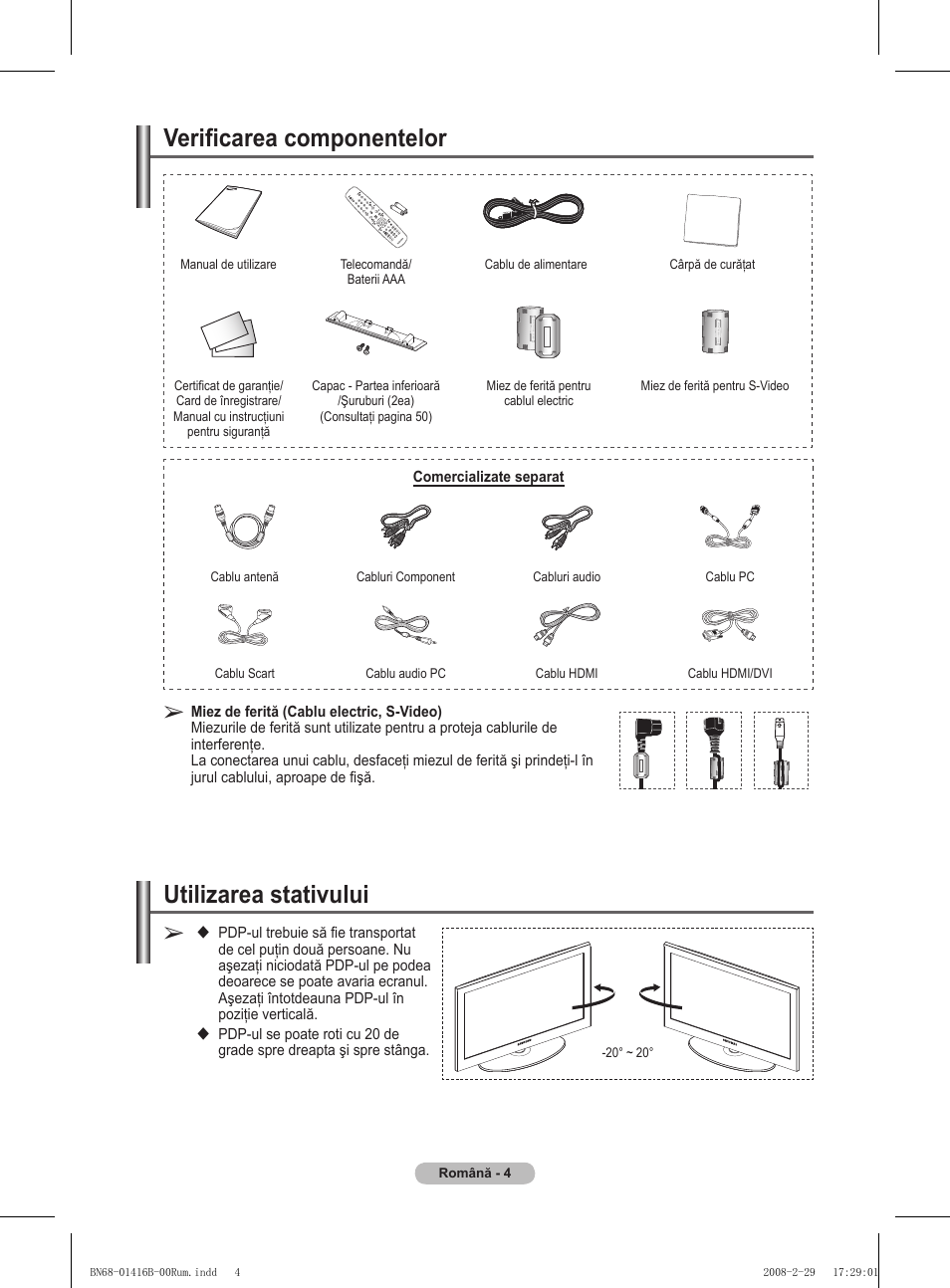 Verificarea componentelor, Utilizarea stativului | Samsung WMN5090A User Manual | Page 317 / 418
