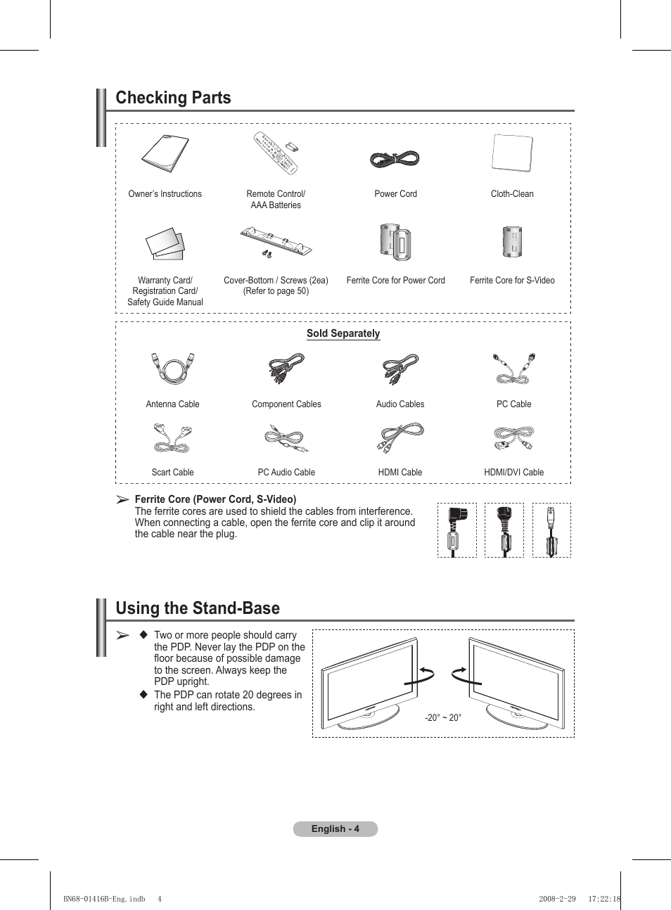 Checking parts, Using the stand-base | Samsung WMN5090A User Manual | Page 4 / 418