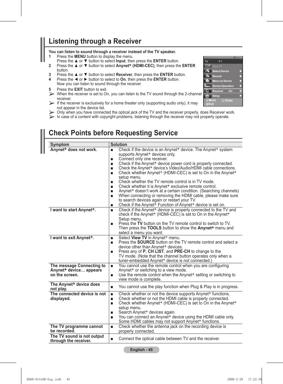Listening through a receiver, Check points before requesting service | Samsung WMN5090A User Manual | Page 45 / 418