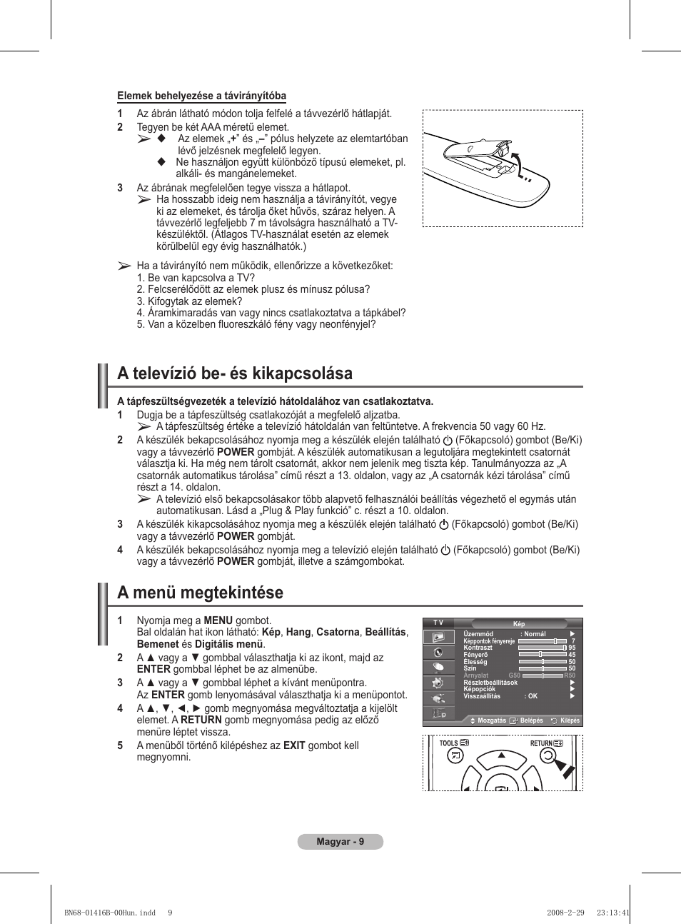 A menü megtekintése, A televízió be- és kikapcsolása | Samsung WMN5090A User Manual | Page 62 / 418