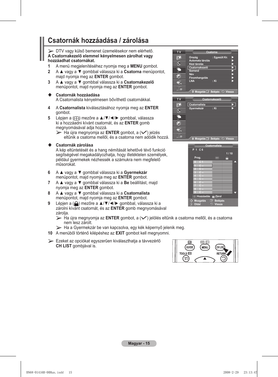 Csatornák hozzáadása / zárolása | Samsung WMN5090A User Manual | Page 68 / 418
