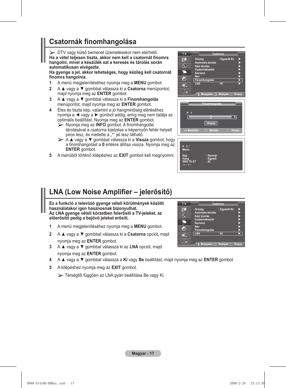 Csatornák finomhangolása, Lna (low noise amplifier – jelerősítő) | Samsung WMN5090A User Manual | Page 70 / 418