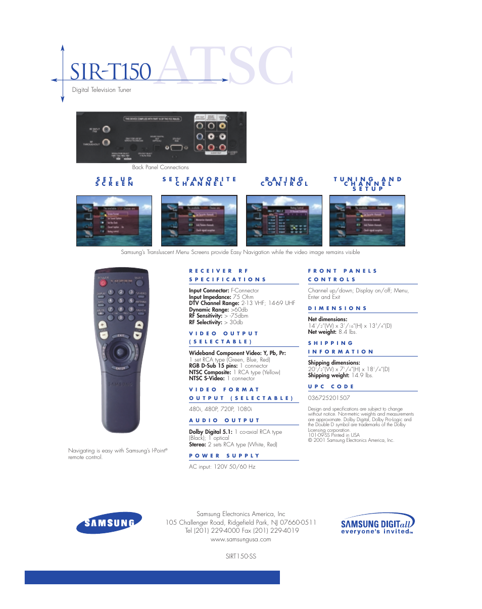 Atsc, Sir-t150 | Samsung ATSCSIR-T150 User Manual | Page 2 / 2