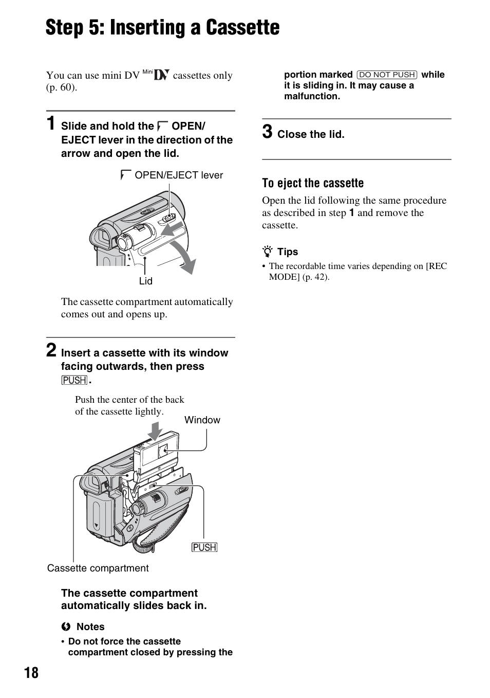 Step 5: inserting a cassette | Sony DCR-HC52 User Manual | Page 18 / 88