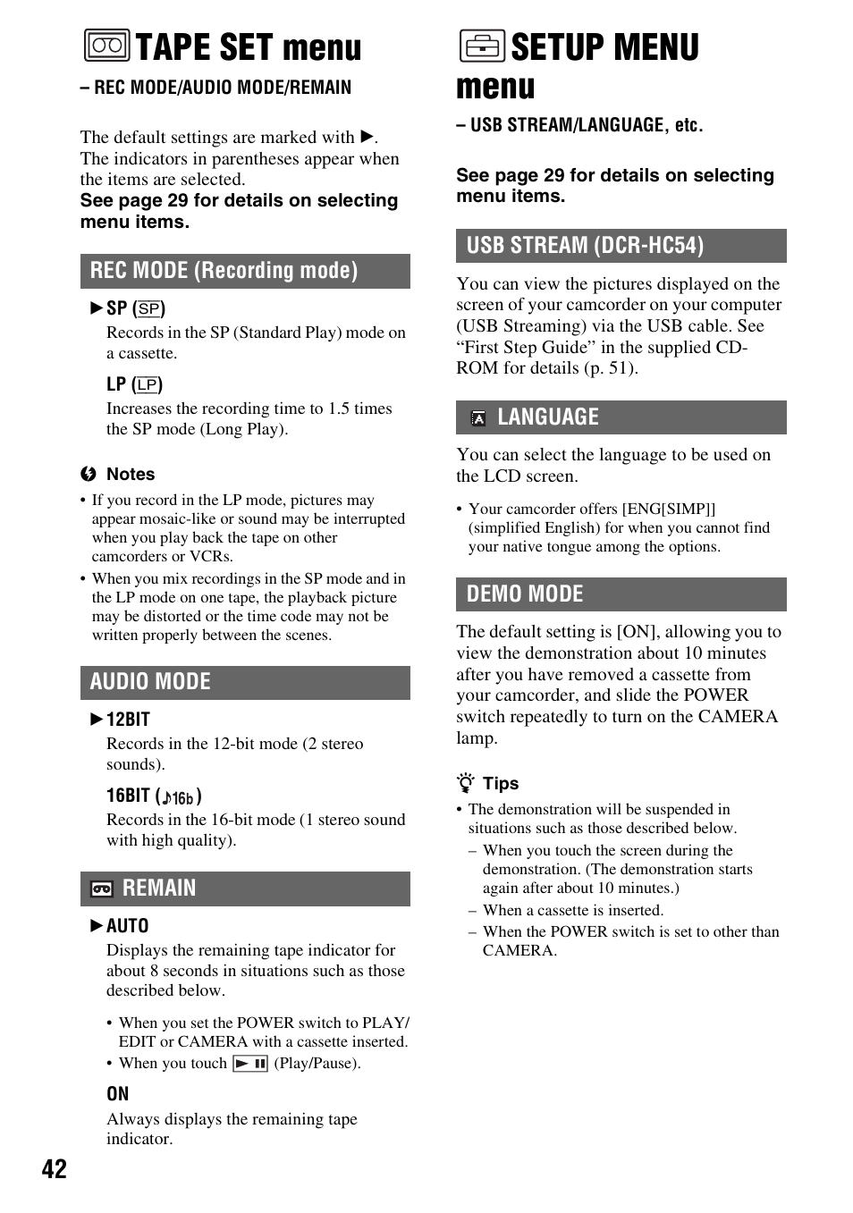 Tape set menu, Rec mode/audio mode/remain, Setup menu menu | Usb stream/language, etc, Rec mode/audio mode, Remain, P. 42) wi, P. 42) | Sony DCR-HC52 User Manual | Page 42 / 88