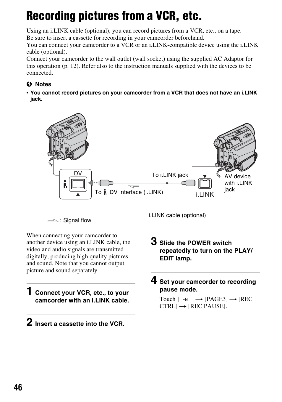 Recording pictures from a vcr, etc | Sony DCR-HC52 User Manual | Page 46 / 88