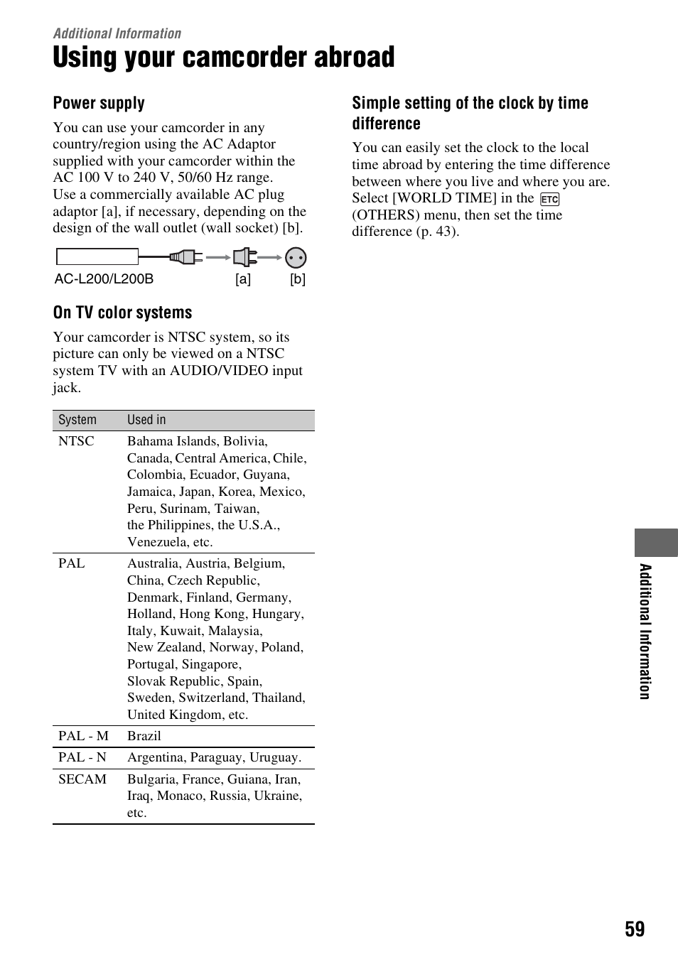 Additional information, Using your camcorder abroad, P. 59) | Sony DCR-HC52 User Manual | Page 59 / 88