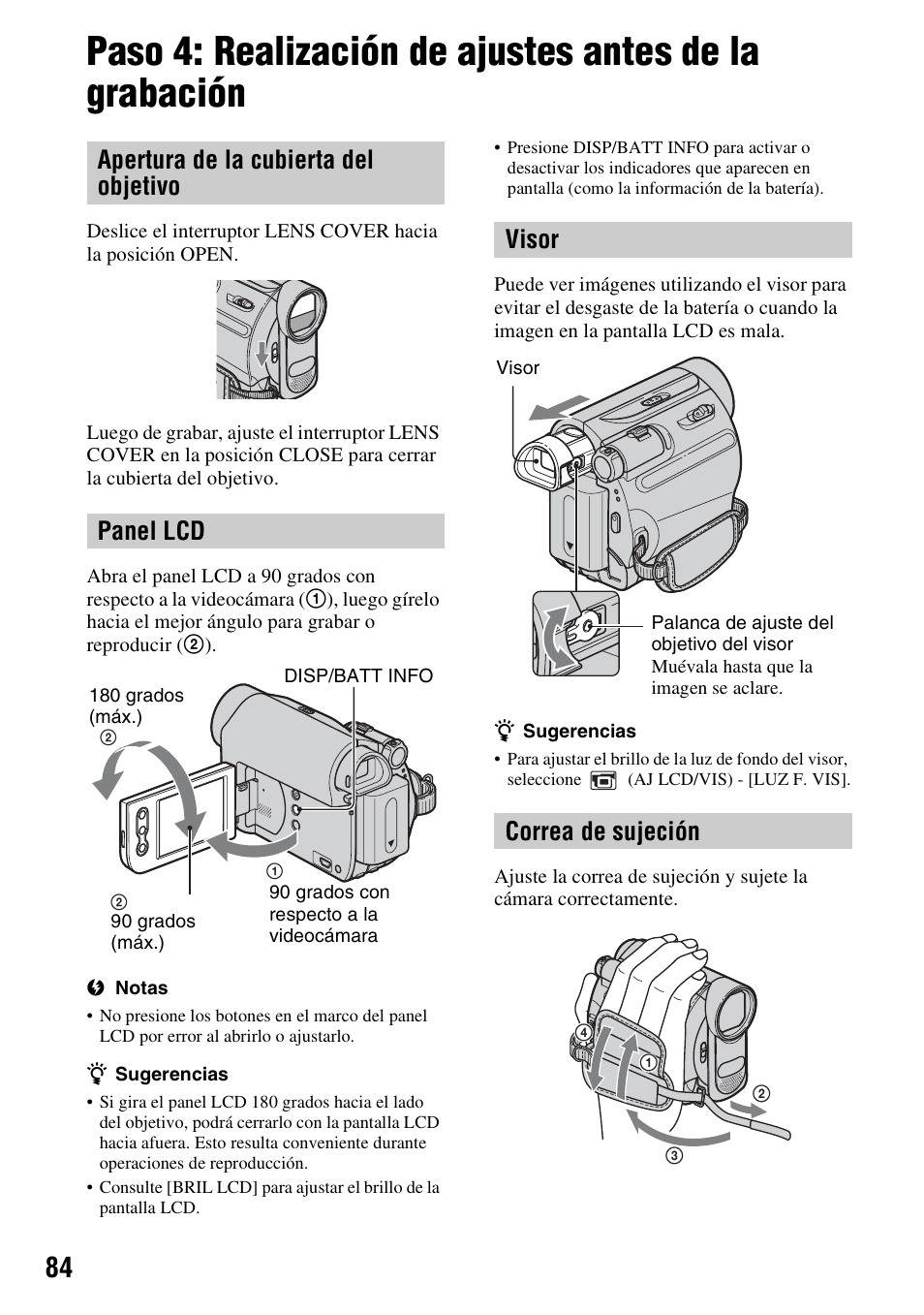 Apertura de la cubierta del objetivo panel lcd, Visor correa de sujeción | Sony DCR-HC52 User Manual | Page 84 / 88
