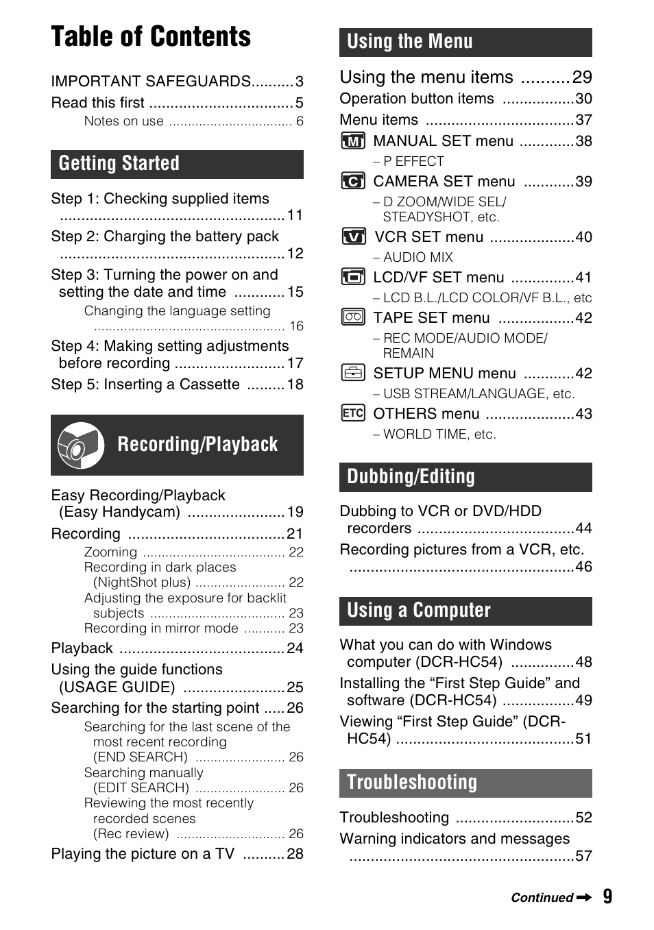 Sony DCR-HC52 User Manual | Page 9 / 88