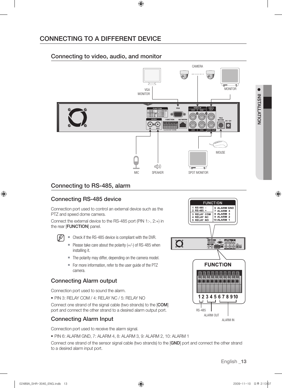 Connecting to a different device, Connecting rs-485 device, Connecting alarm output | Connecting alarm input | Samsung SHR-3040 User Manual | Page 13 / 68