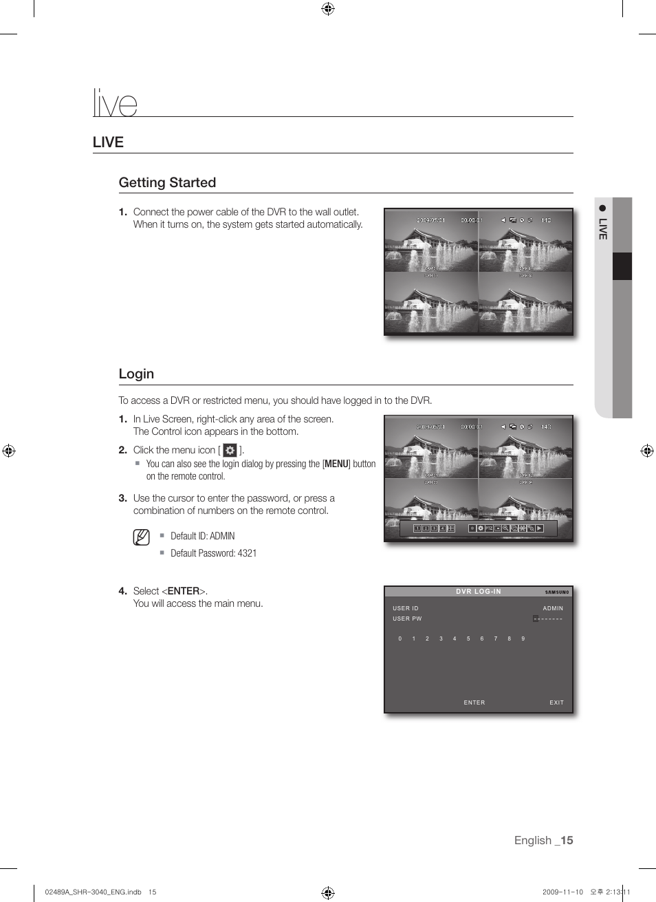 Live, Getting started, Login | Samsung SHR-3040 User Manual | Page 15 / 68