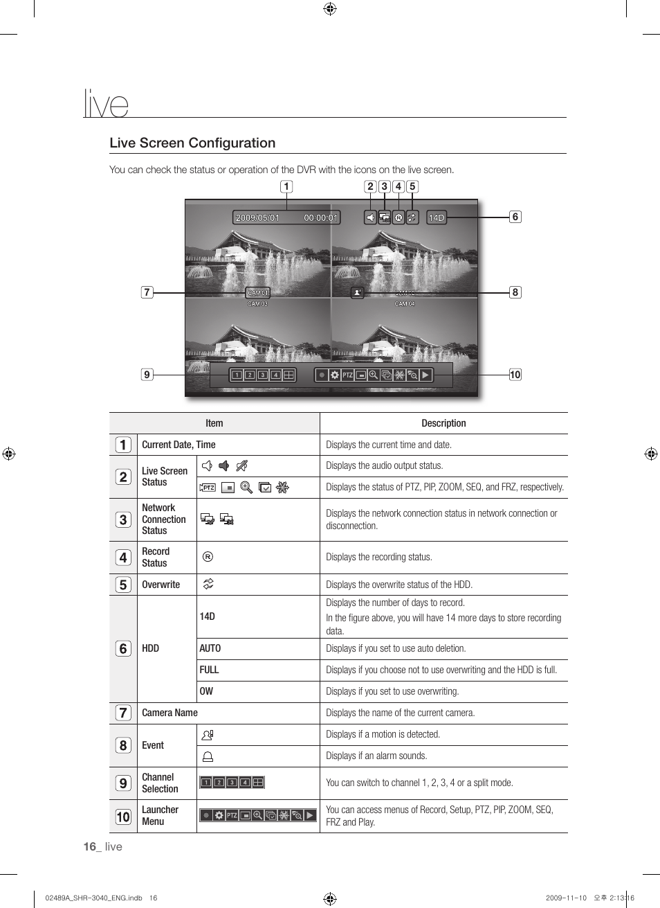 Live, Live screen conﬁ guration | Samsung SHR-3040 User Manual | Page 16 / 68