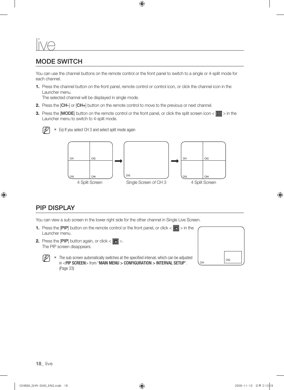 Mode switch, Pip display, Live | Samsung SHR-3040 User Manual | Page 18 / 68