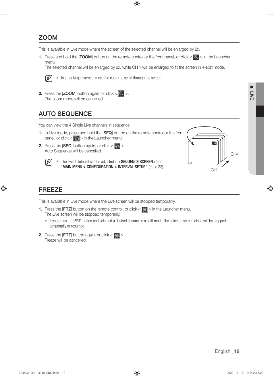 Zoom, Auto sequence, Freeze | English, Live | Samsung SHR-3040 User Manual | Page 19 / 68