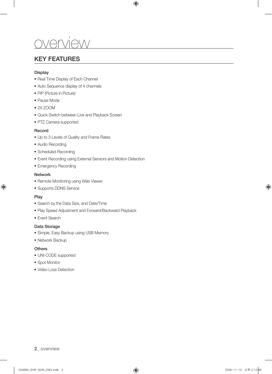 Overview, Key features | Samsung SHR-3040 User Manual | Page 2 / 68