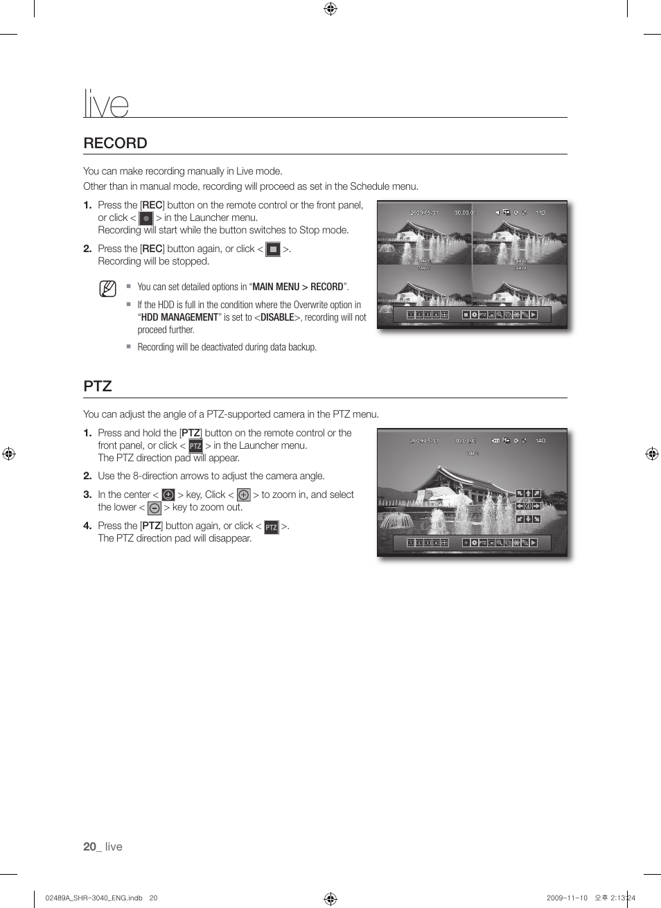 Live, Record | Samsung SHR-3040 User Manual | Page 20 / 68