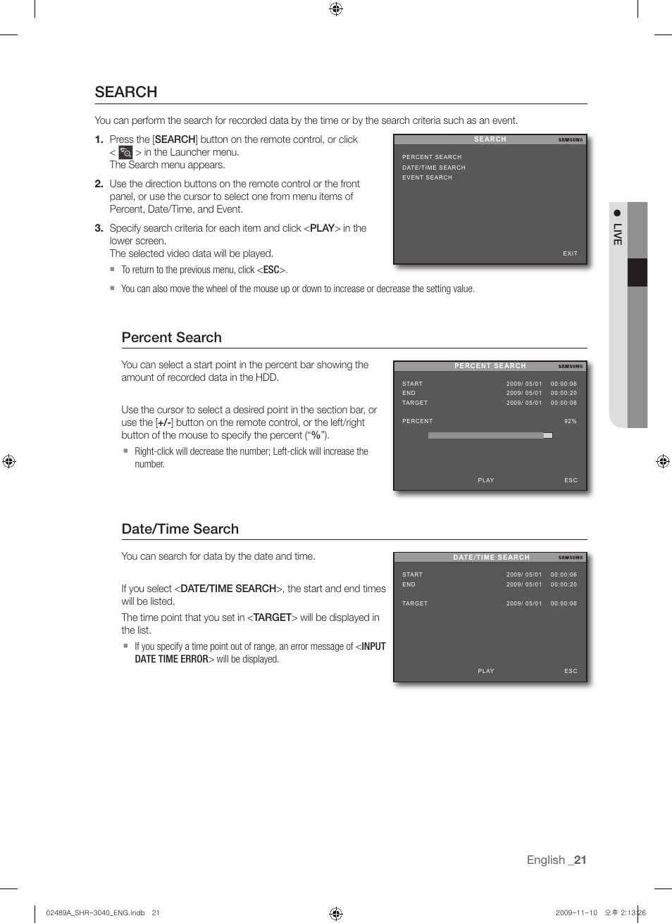 Search, Percent search, Date/time search | English | Samsung SHR-3040 User Manual | Page 21 / 68