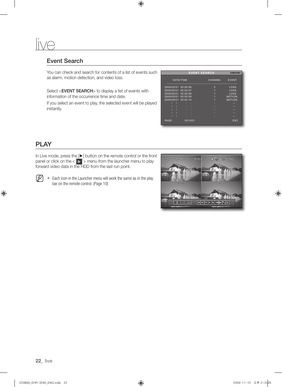 Play, Event search, Live | Samsung SHR-3040 User Manual | Page 22 / 68