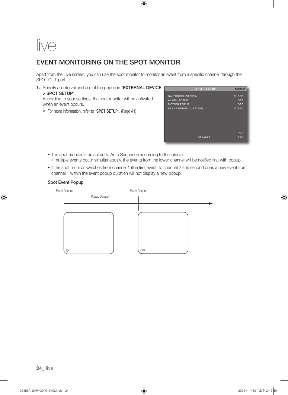 Event monitoring on the spot monitor, Live | Samsung SHR-3040 User Manual | Page 24 / 68