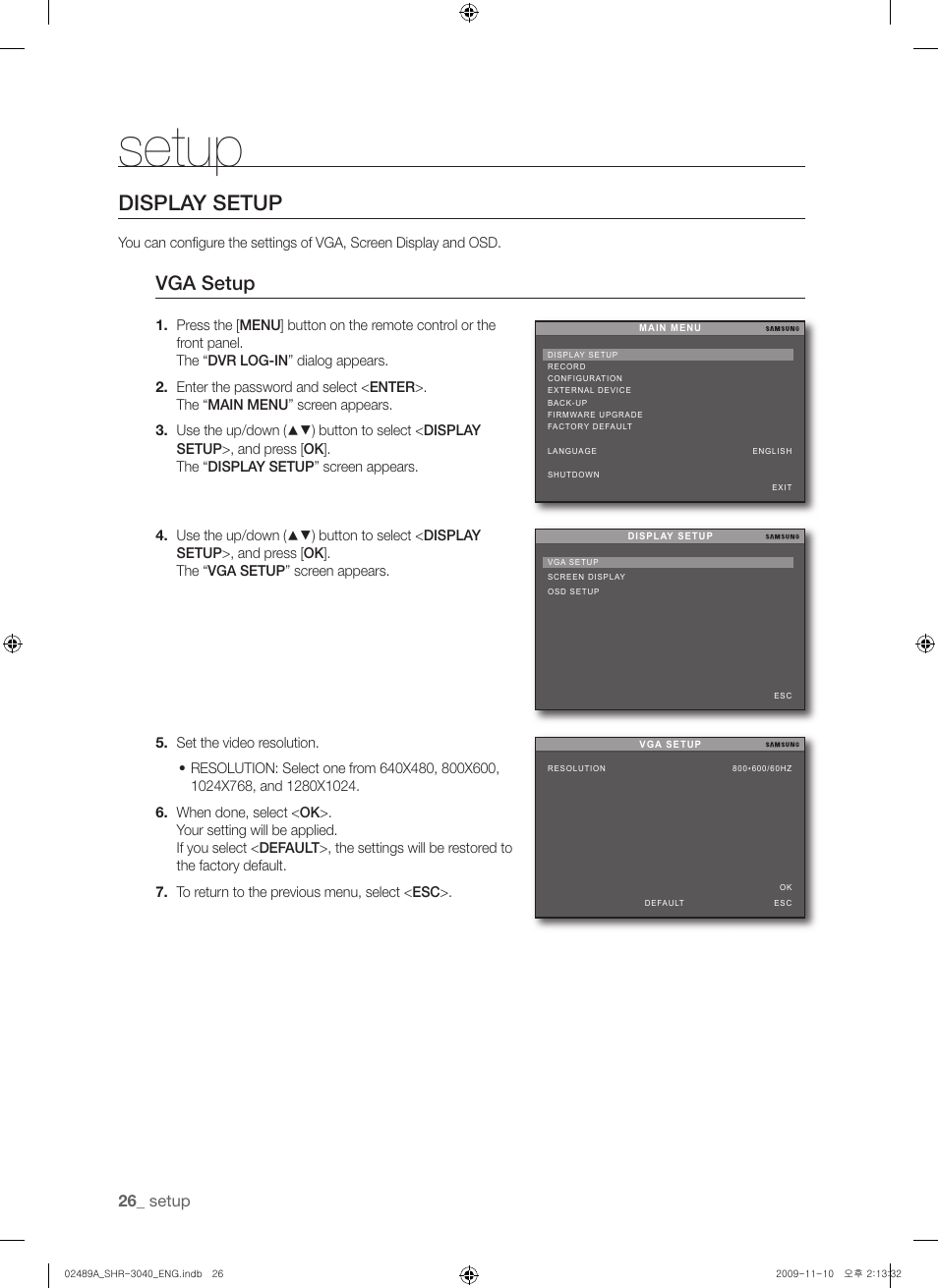 Setup, Display setup, Vga setup | Samsung SHR-3040 User Manual | Page 26 / 68