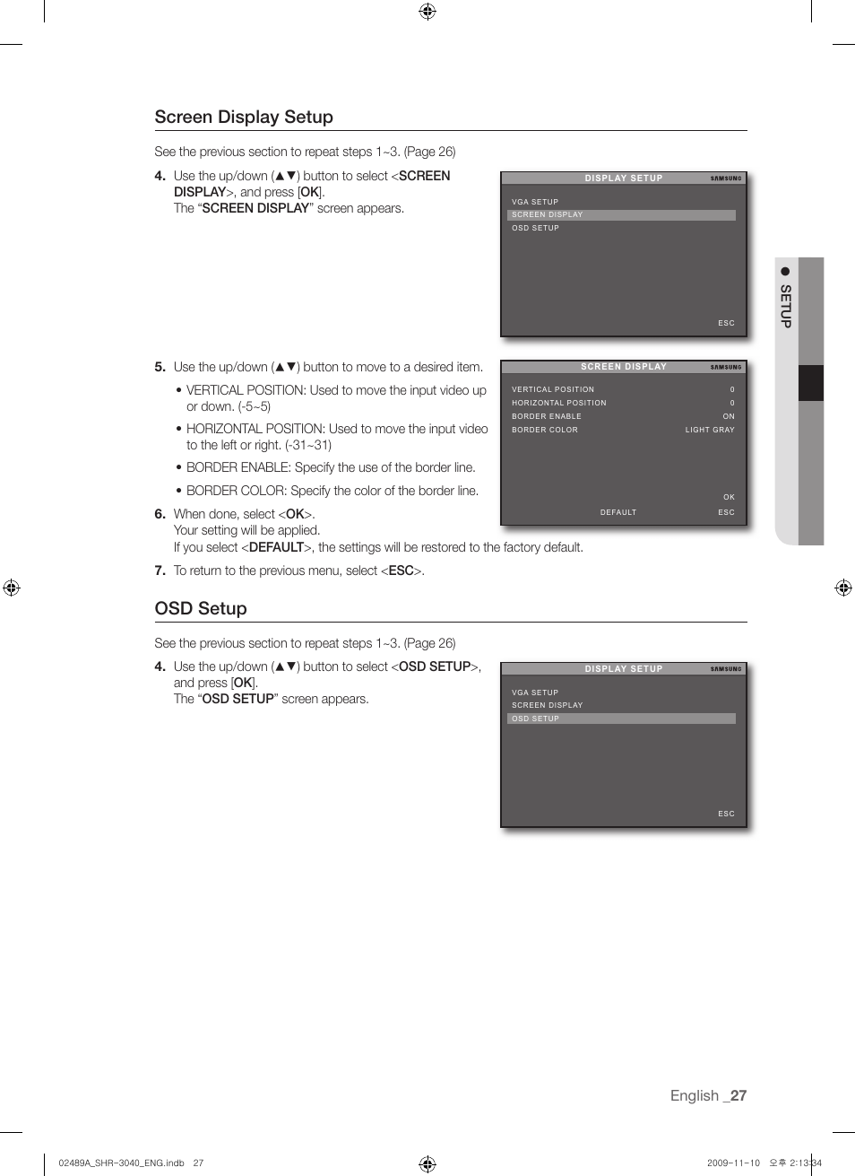 Screen display setup, Osd setup, English | Samsung SHR-3040 User Manual | Page 27 / 68