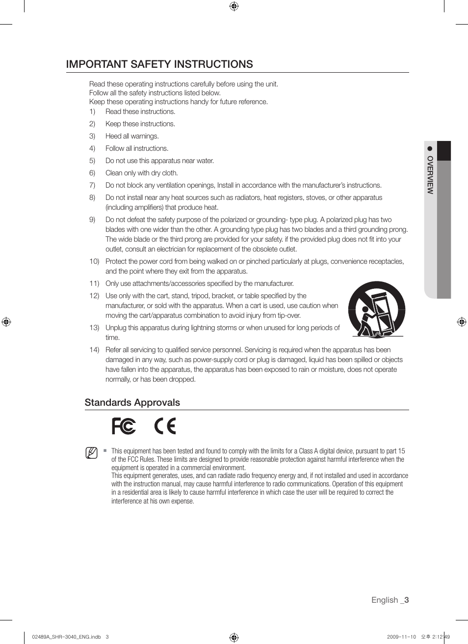 Important safety instructions, Standards approvals | Samsung SHR-3040 User Manual | Page 3 / 68