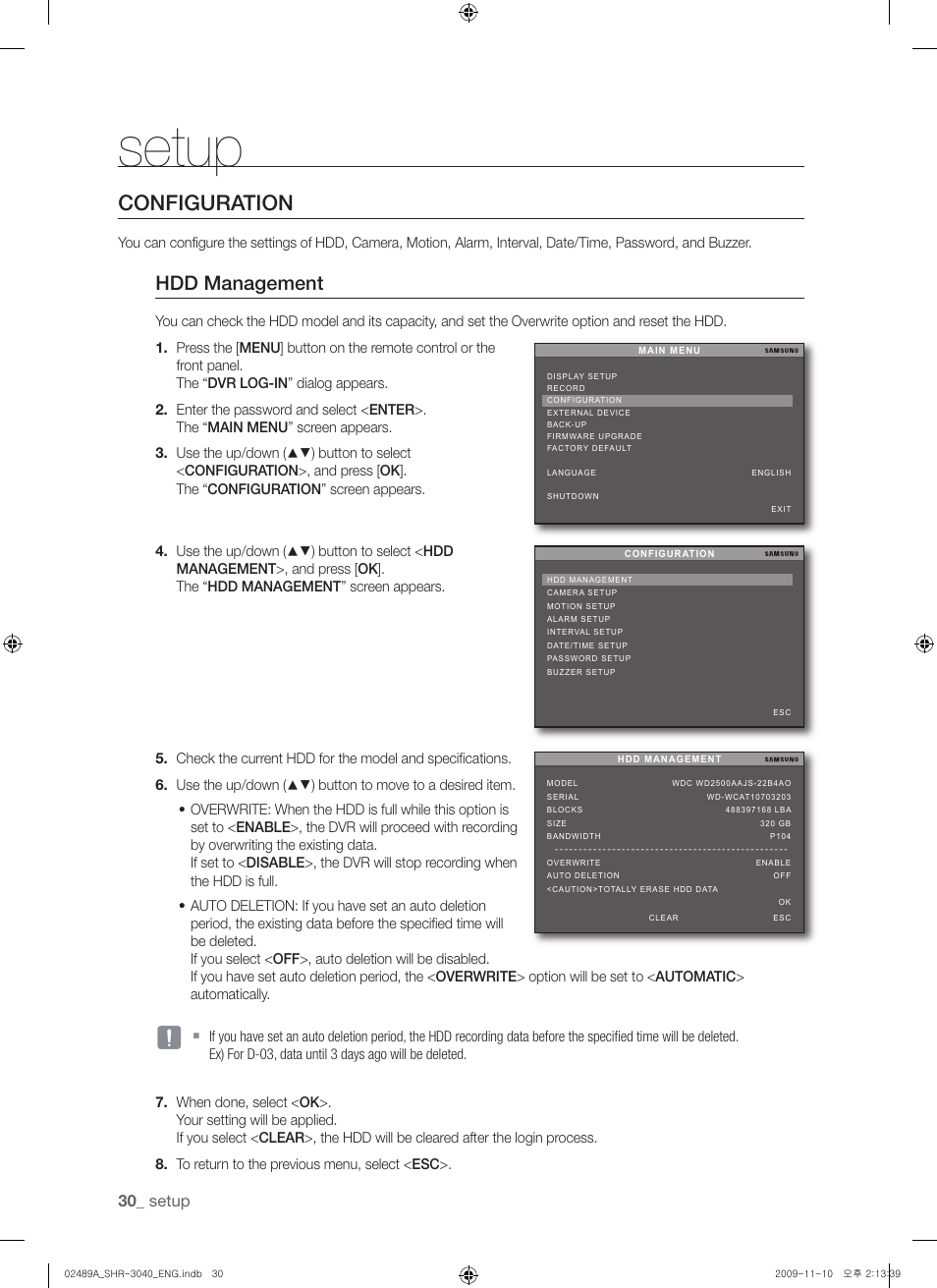 Configuration, Hdd management, Setup | Samsung SHR-3040 User Manual | Page 30 / 68