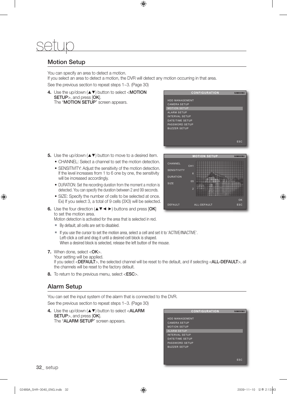 Setup, Motion setup, Alarm setup | Samsung SHR-3040 User Manual | Page 32 / 68