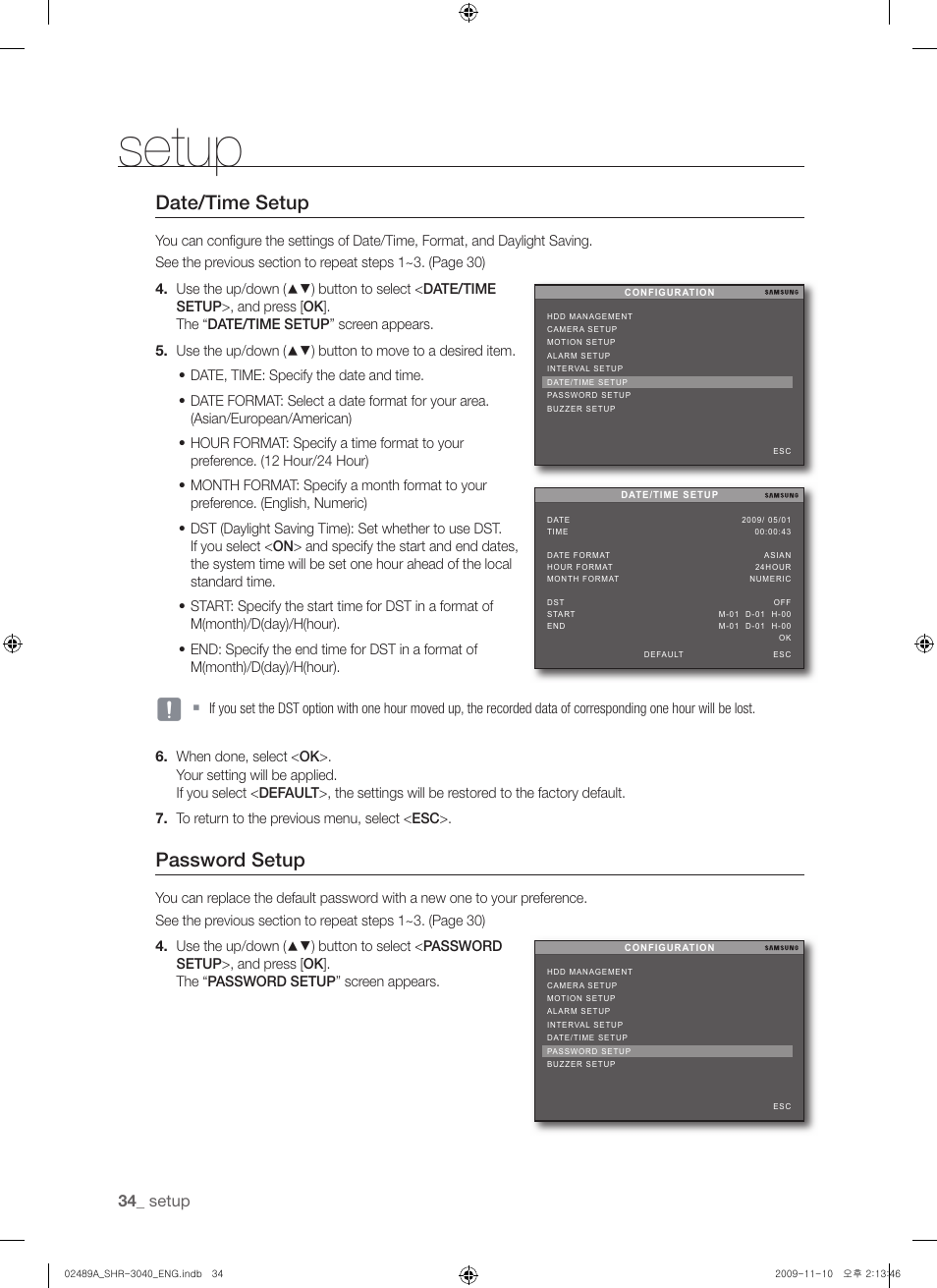 Date/time setup, Password setup, Setup | Samsung SHR-3040 User Manual | Page 34 / 68