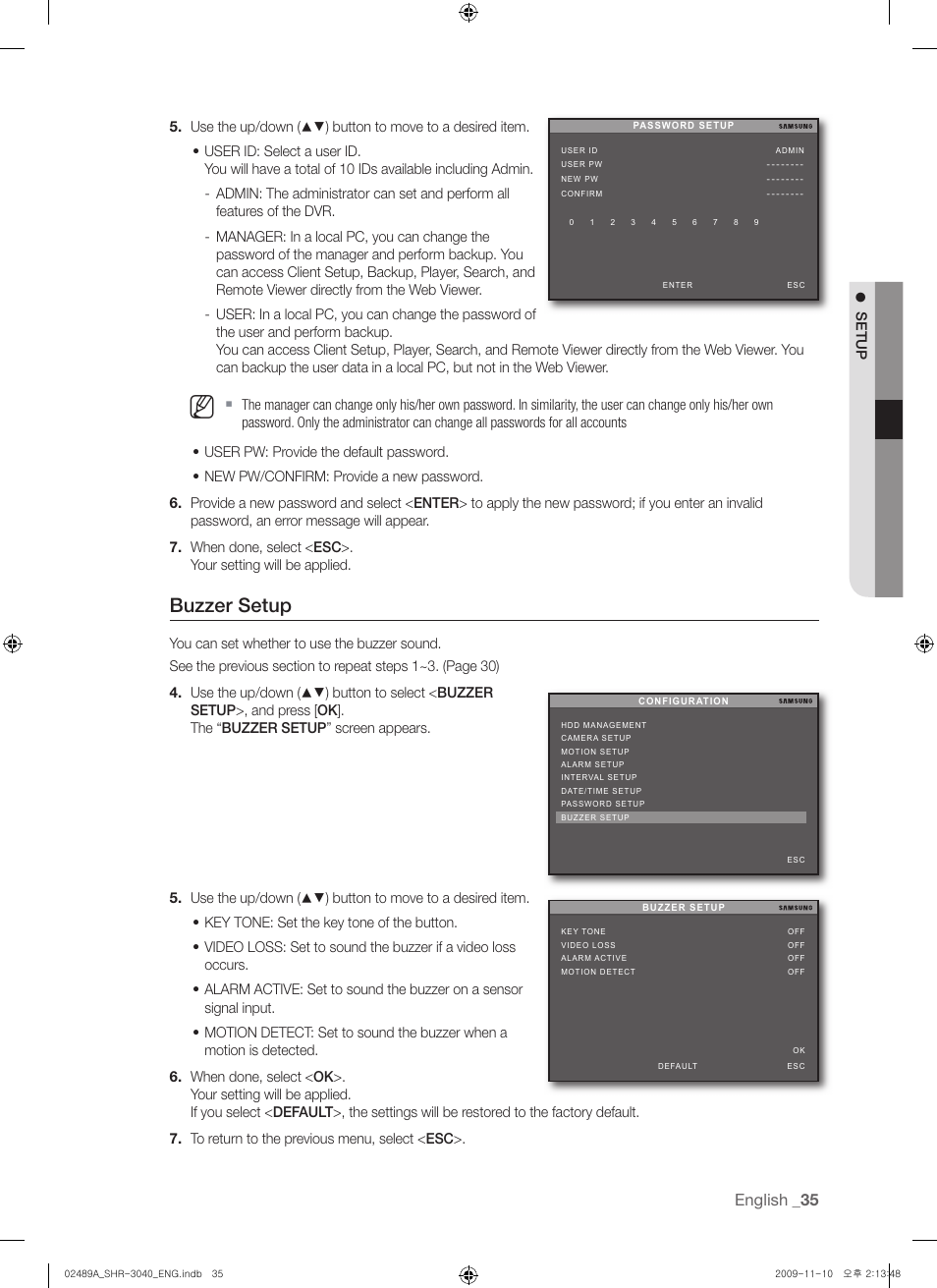 Buzzer setup, English | Samsung SHR-3040 User Manual | Page 35 / 68