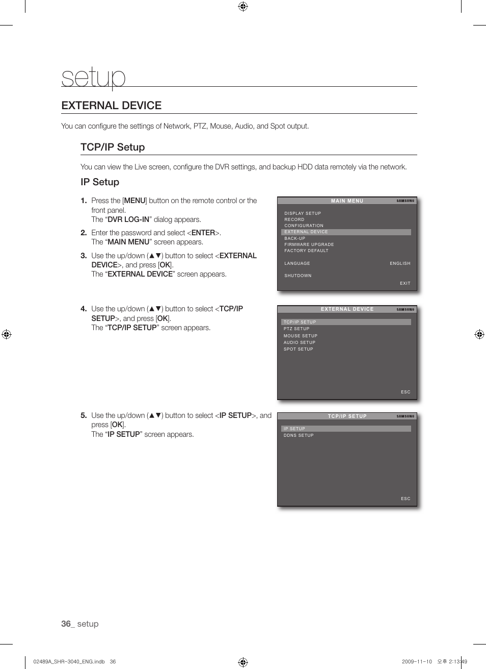 Setup, External device, Tcp/ip setup | Ip setup | Samsung SHR-3040 User Manual | Page 36 / 68