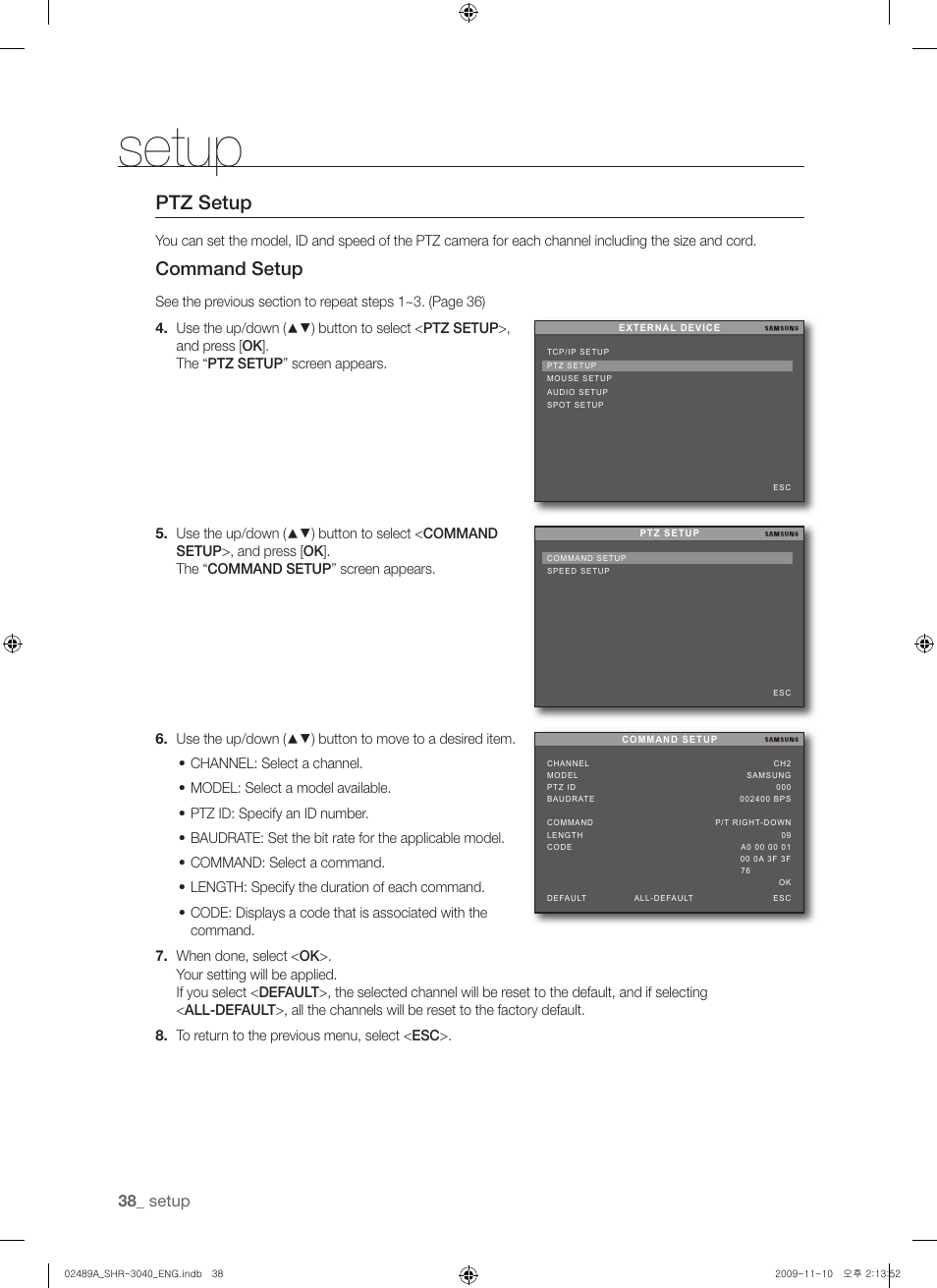 Ptz setup, Command setup, Setup | Samsung SHR-3040 User Manual | Page 38 / 68