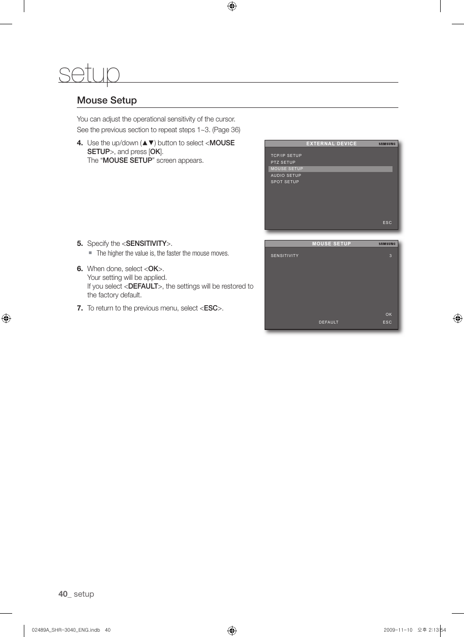 Setup, Mouse setup | Samsung SHR-3040 User Manual | Page 40 / 68