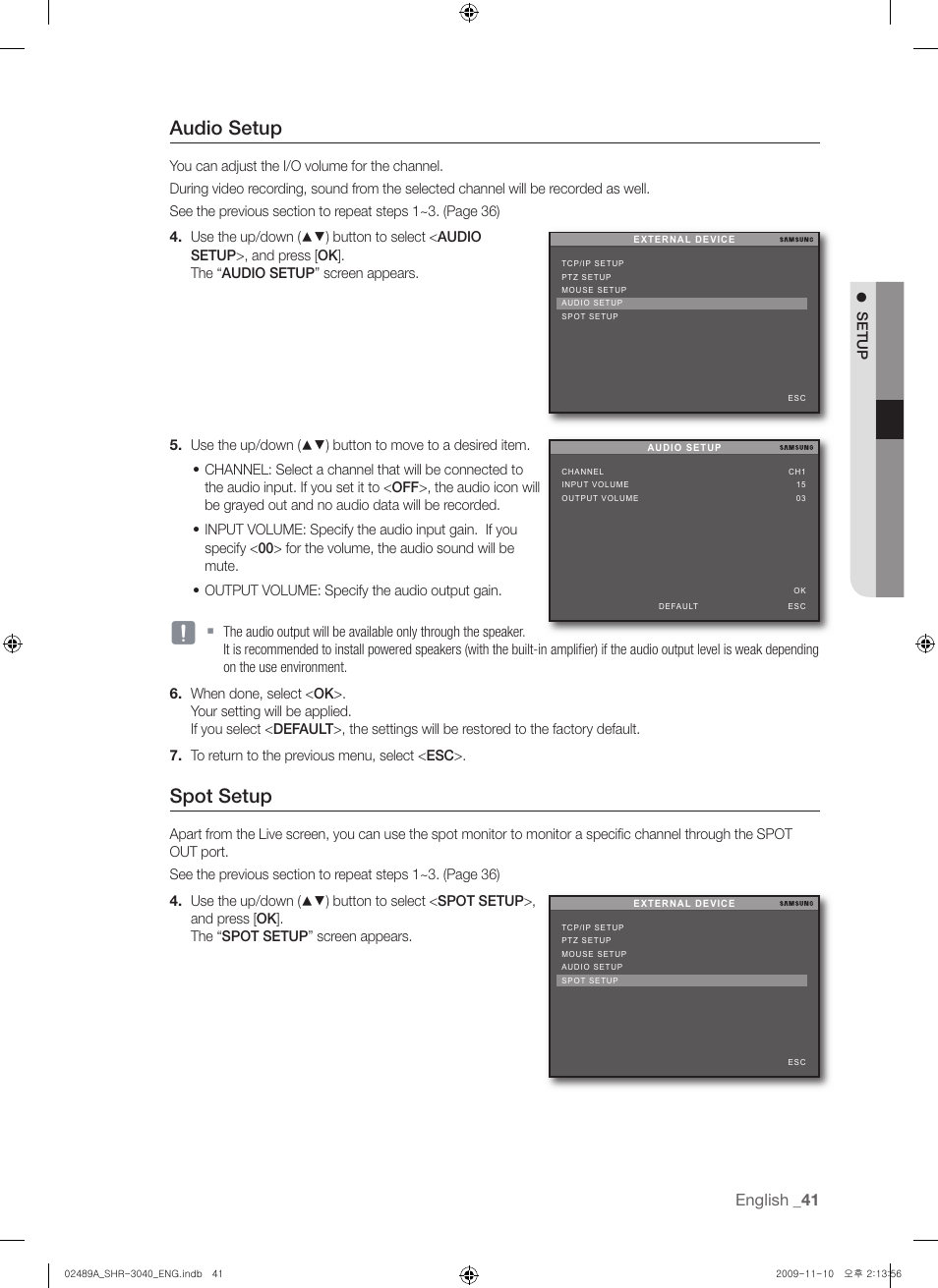 Audio setup, Spot setup, English | Samsung SHR-3040 User Manual | Page 41 / 68