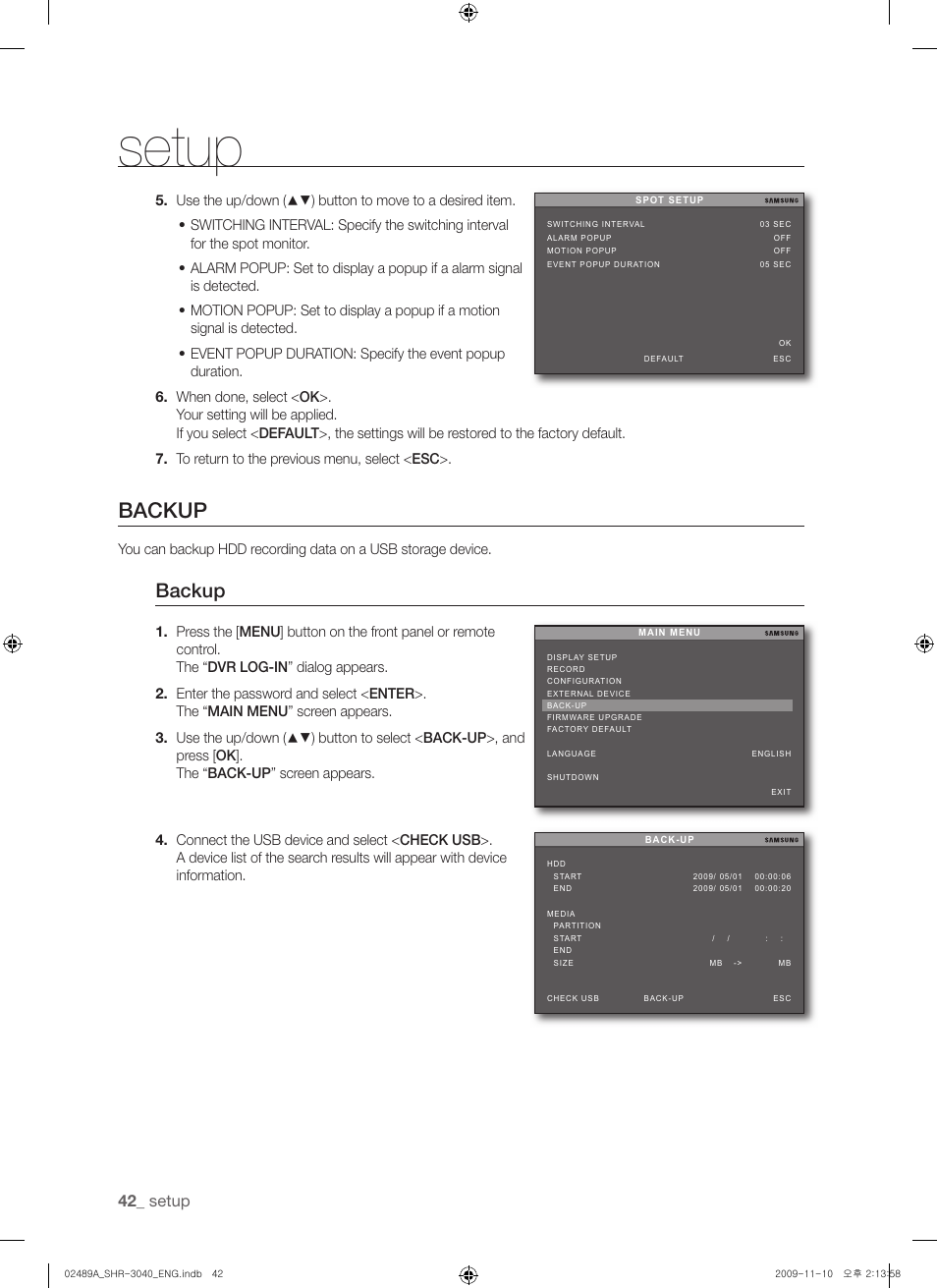 Backup, Setup | Samsung SHR-3040 User Manual | Page 42 / 68
