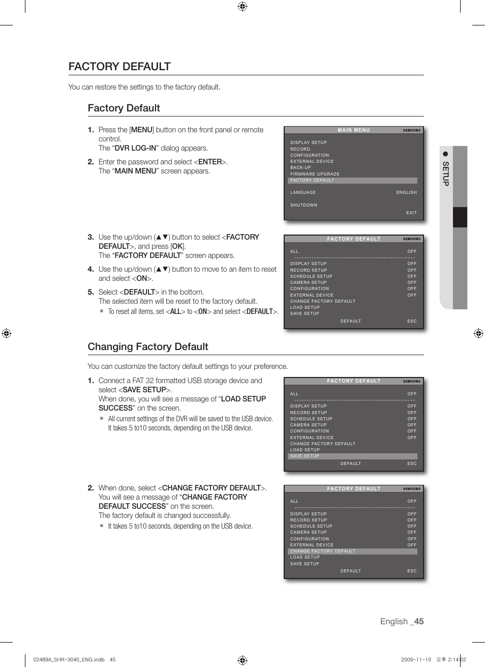 Factory default, Changing factory default, English | Setup | Samsung SHR-3040 User Manual | Page 45 / 68