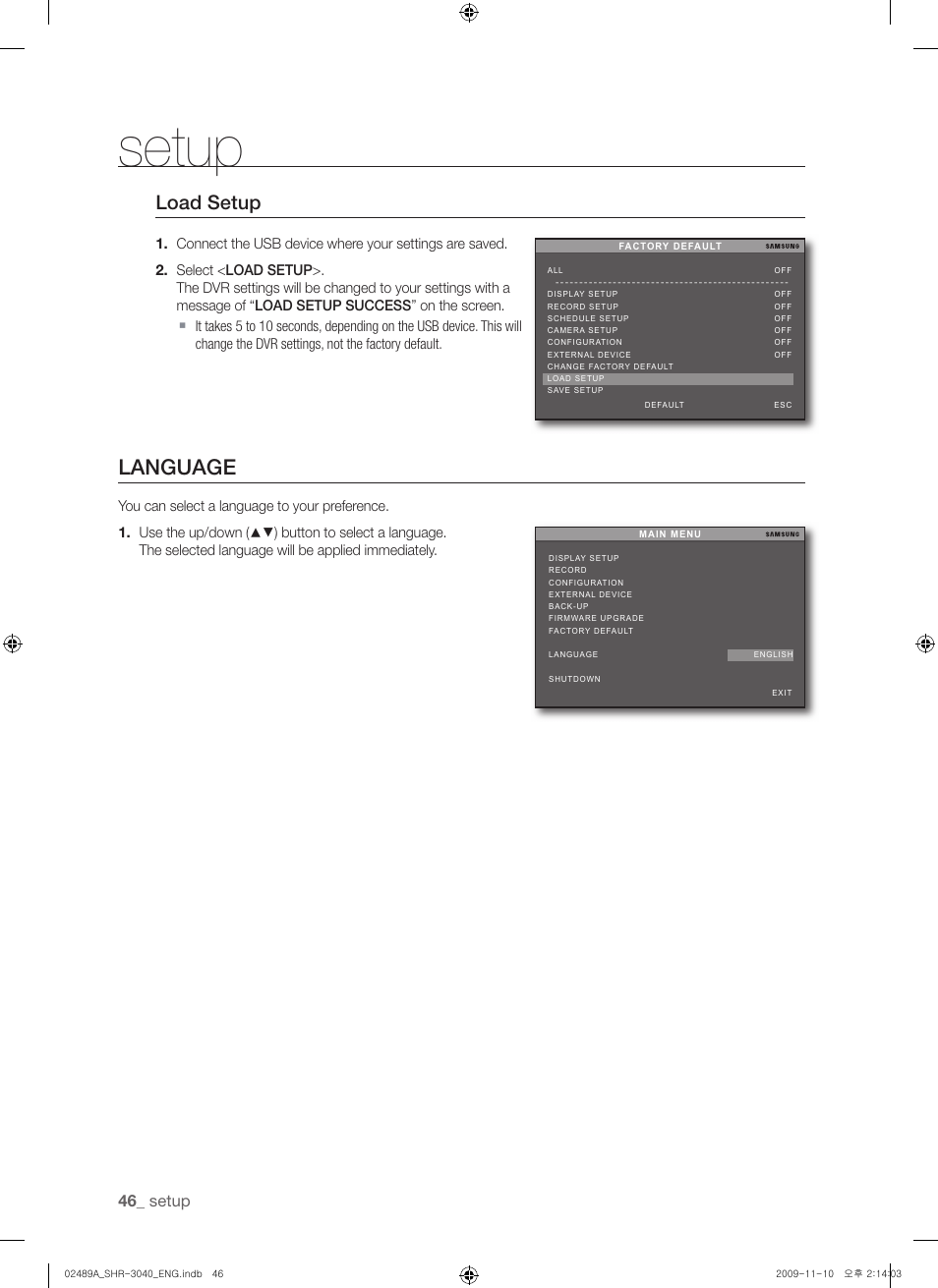 Language, Load setup, Setup | Samsung SHR-3040 User Manual | Page 46 / 68