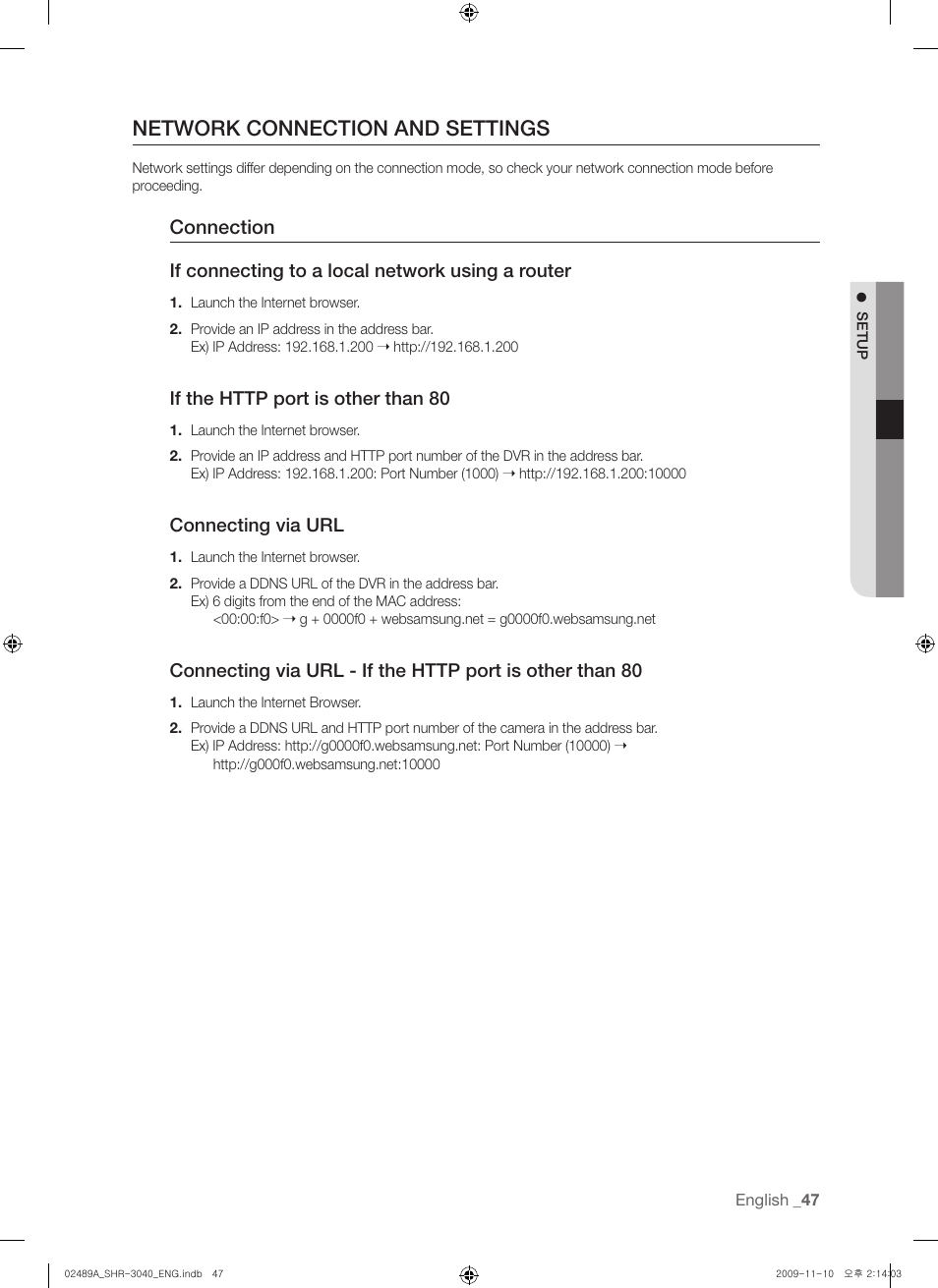Network connection and settings, Connection | Samsung SHR-3040 User Manual | Page 47 / 68