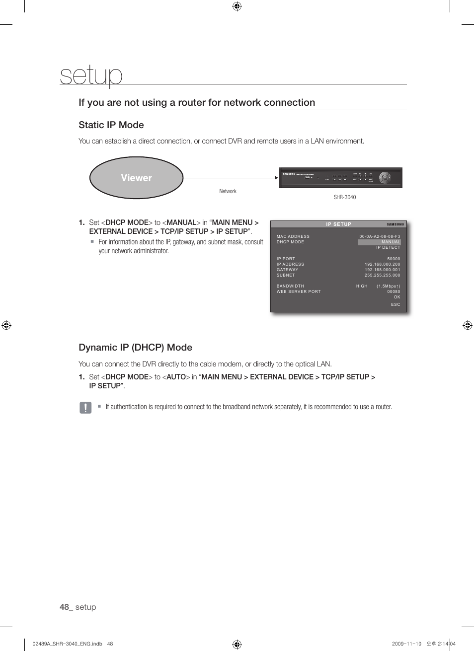 Static ip mode, Dynamic ip (dhcp) mode, Setup | Samsung SHR-3040 User Manual | Page 48 / 68