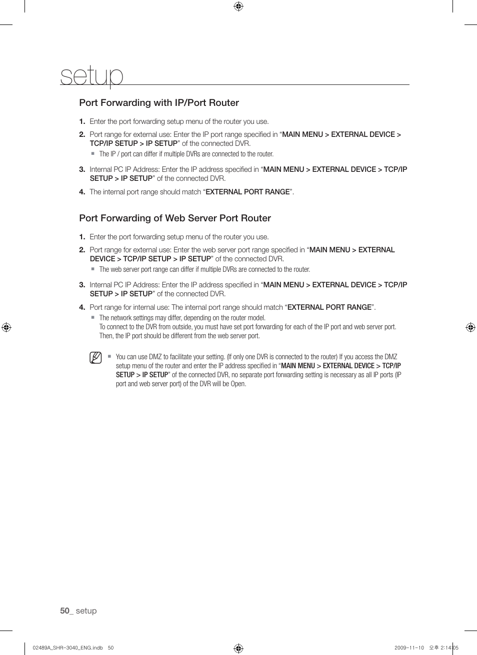 Setup | Samsung SHR-3040 User Manual | Page 50 / 68