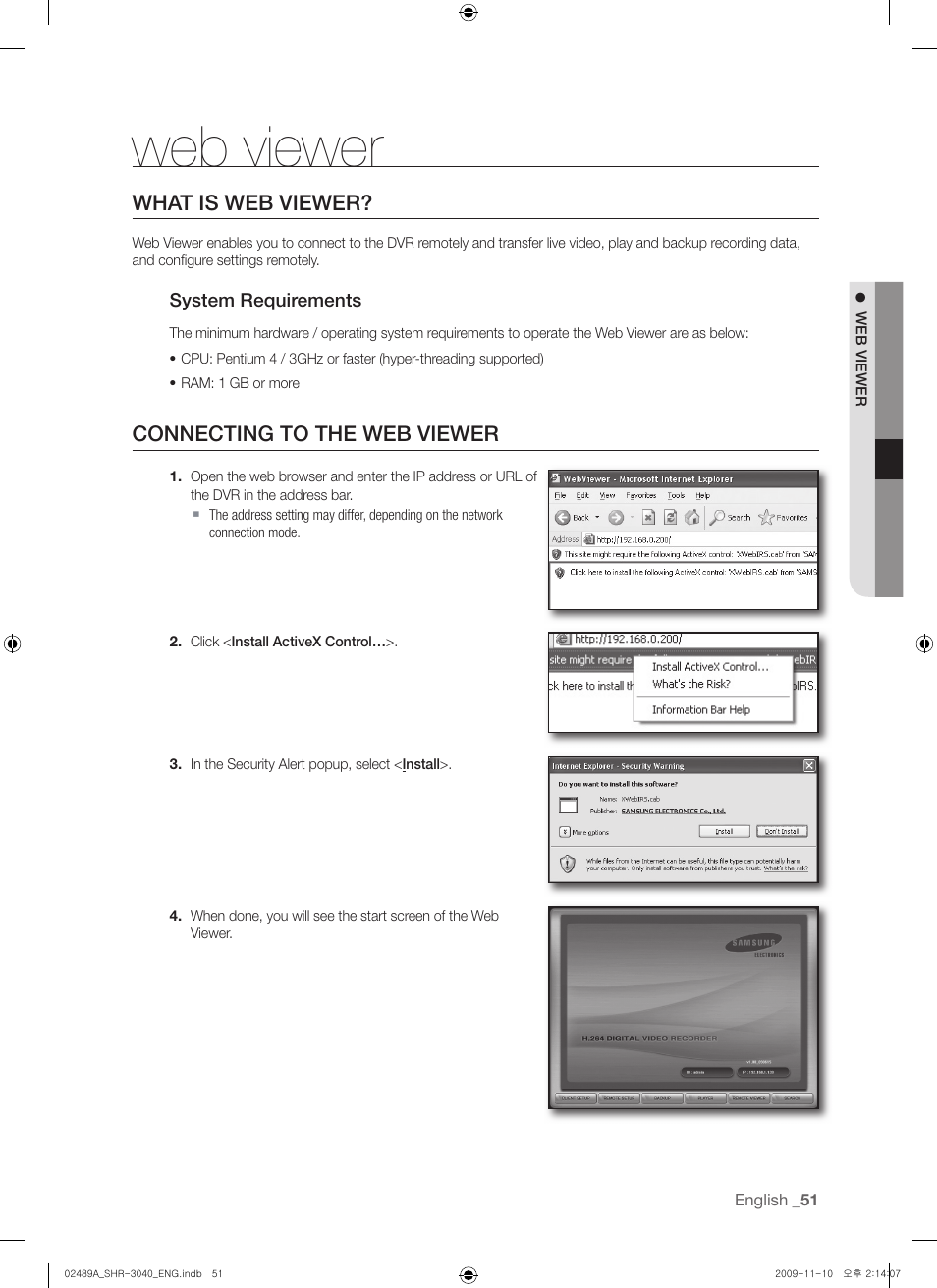 Web viewer, What is web viewer, Connecting to the web viewer | Samsung SHR-3040 User Manual | Page 51 / 68