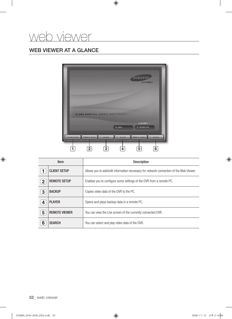 Web viewer, Web viewer at a glance | Samsung SHR-3040 User Manual | Page 52 / 68