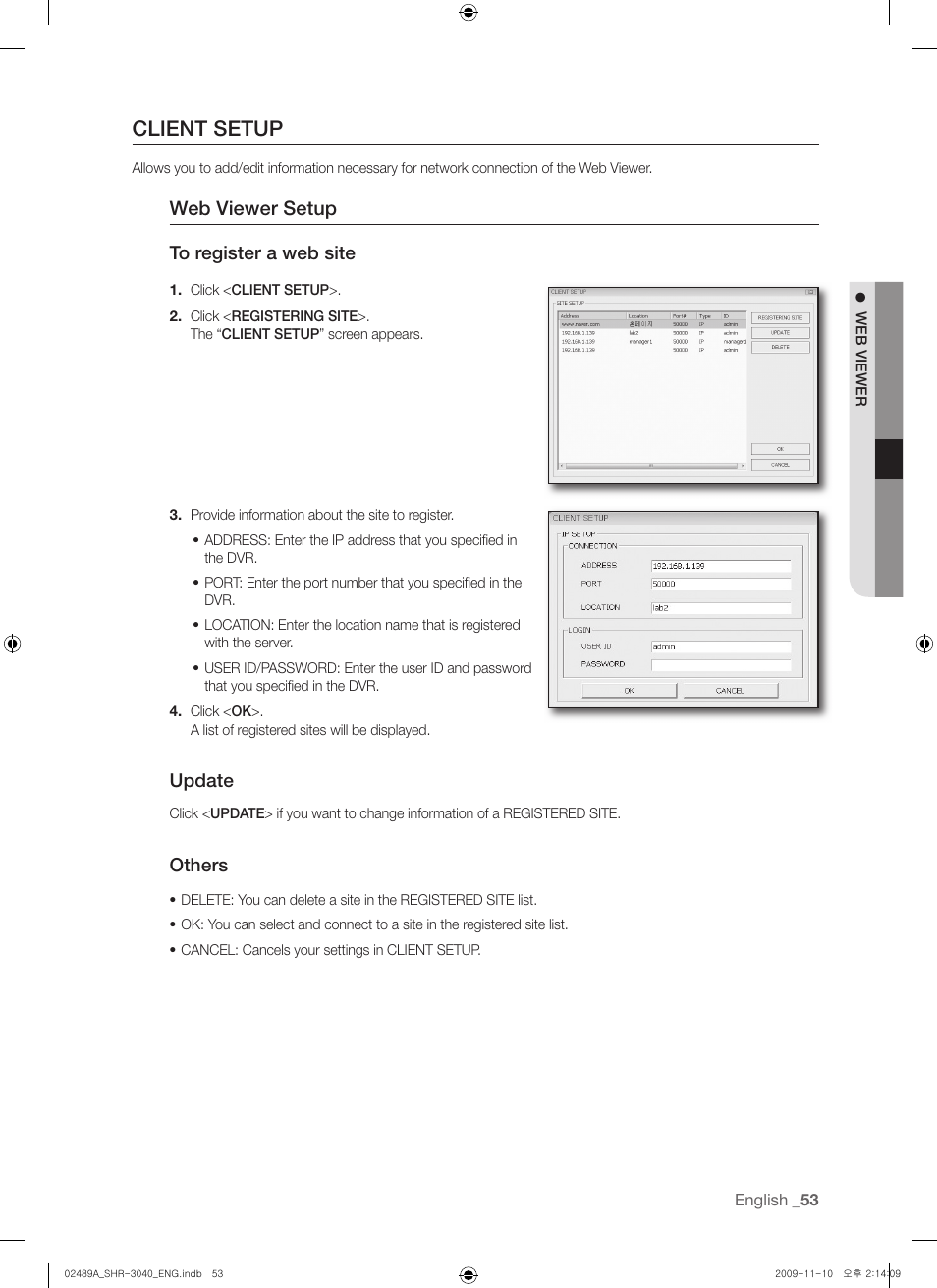 Client setup, Web viewer setup | Samsung SHR-3040 User Manual | Page 53 / 68
