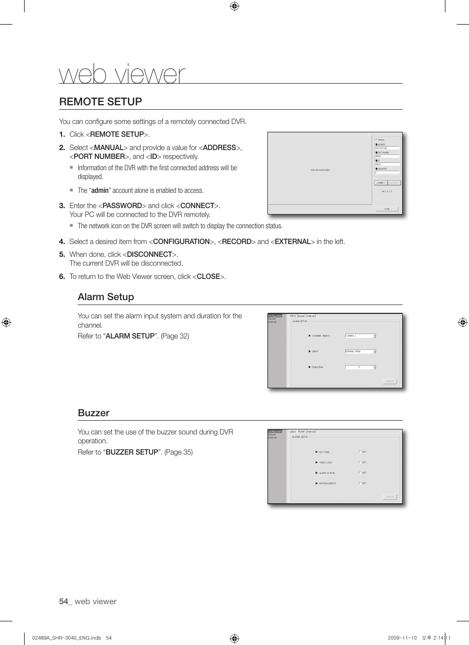 Web viewer, Remote setup | Samsung SHR-3040 User Manual | Page 54 / 68