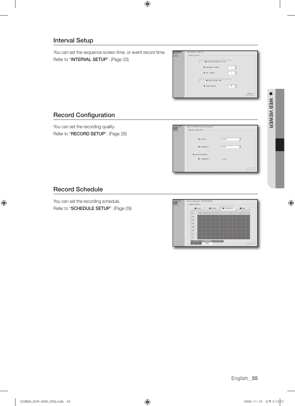 Interval setup, Record conﬁ guration, Record schedule | Samsung SHR-3040 User Manual | Page 55 / 68